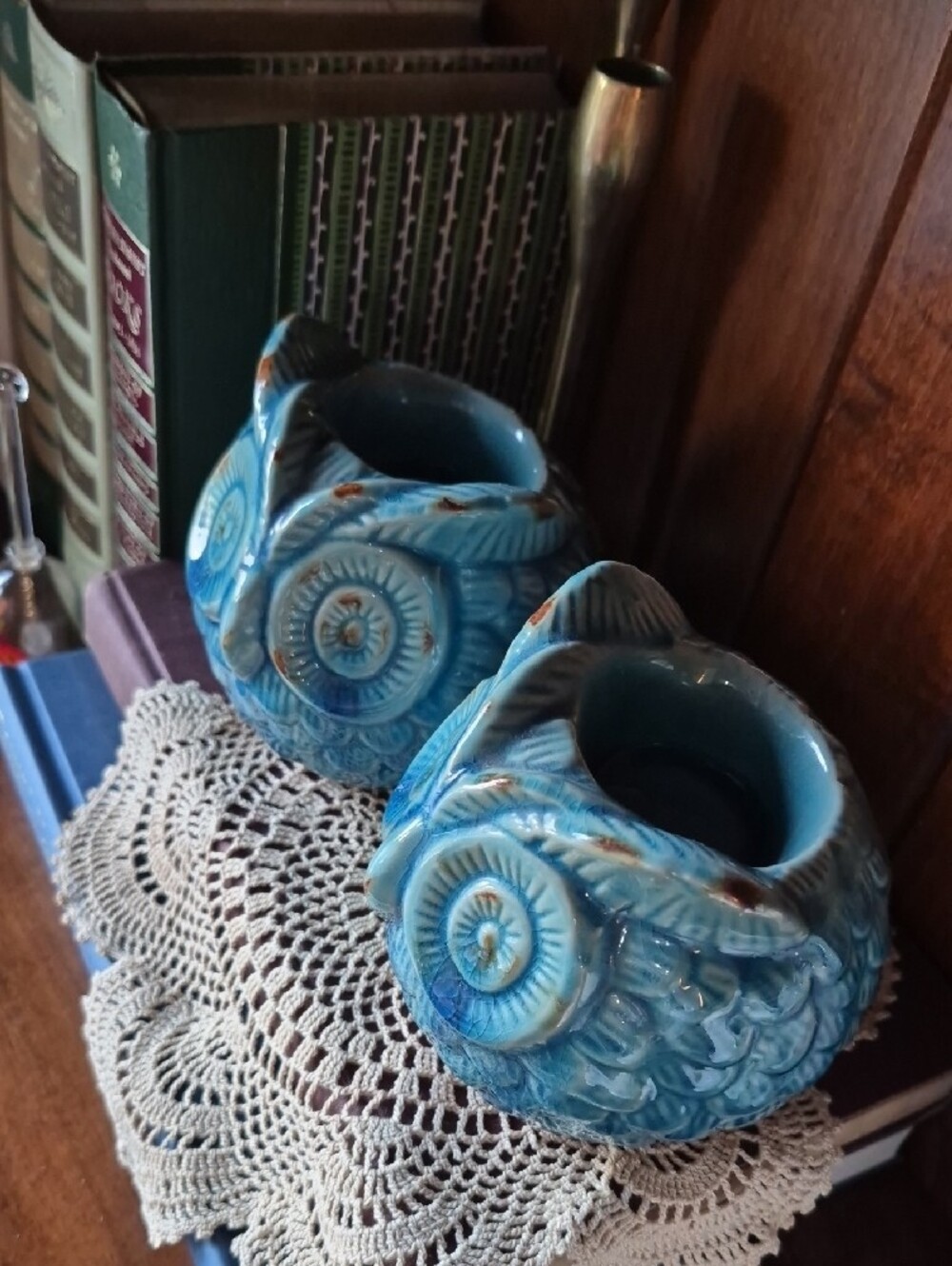 Ceramic Blue Owl Candle Holders- Pair - Picture 2 of 7